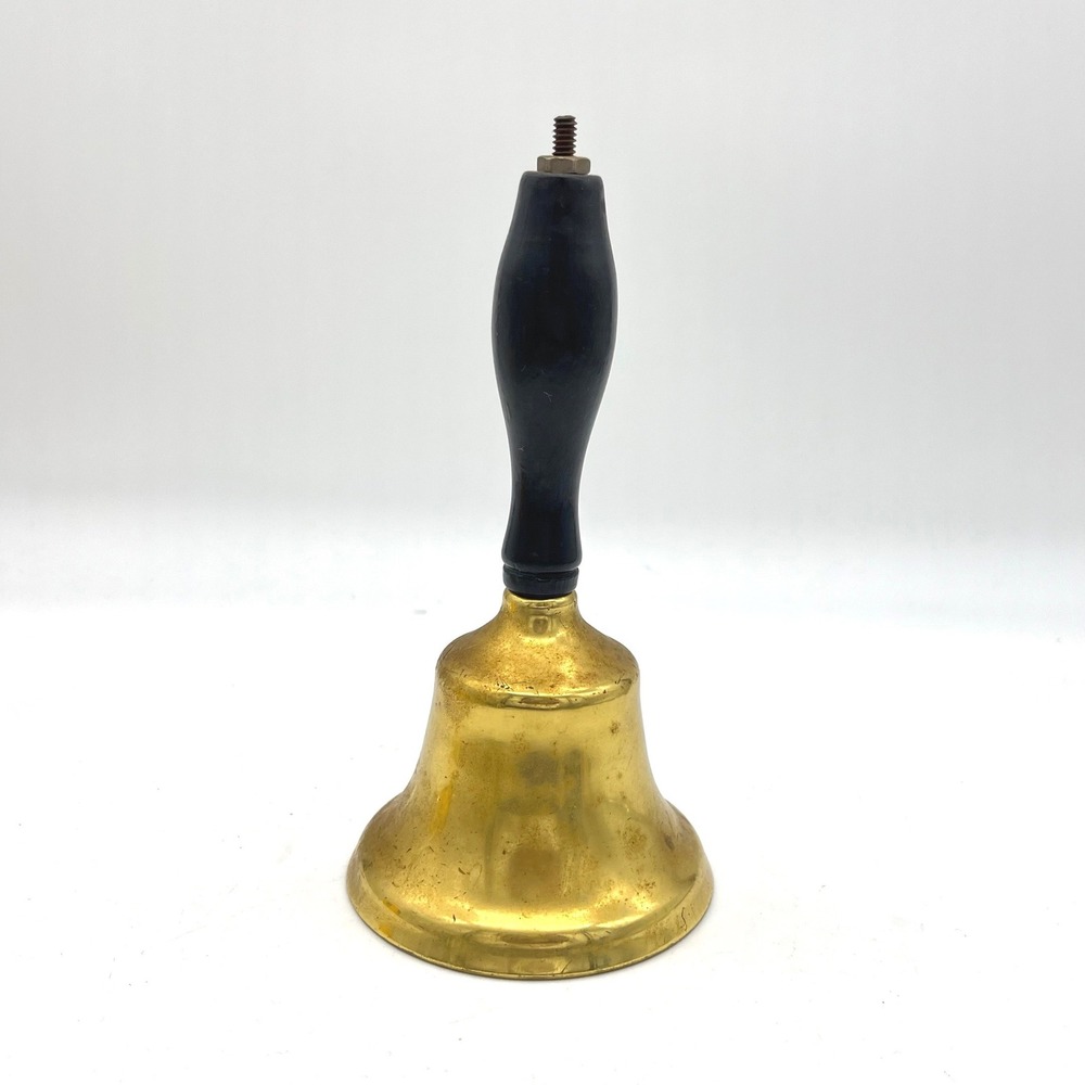 Vintage Brass Hand Bell Black Wood Handle Schoolhouse Dinner Bell 6.5 Inch